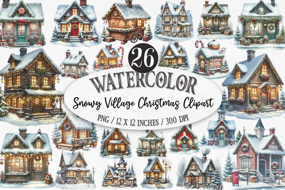 Snowy Village Christmas Clipart, an Illustration by Designking (Photo 1 of 5)