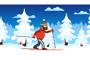 Skiing Man In Winter Attire Rides