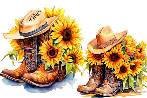 Cowboy Boots and hat with Sunflowers