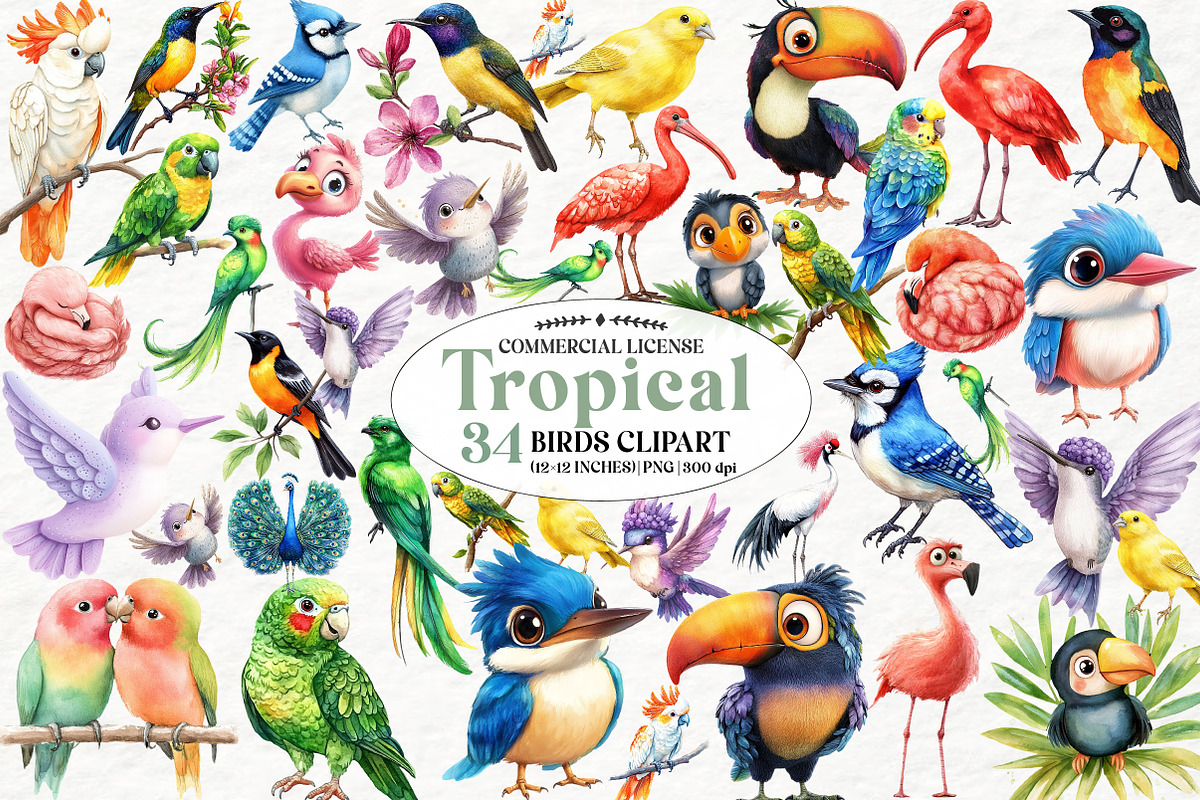 Watercolor Tropical Birds Clipart, an Illustration by Watercolor design (Photo 1 of 4)