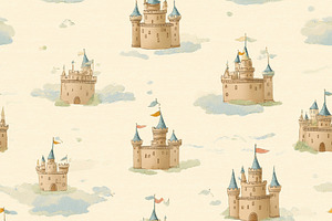 Seamless pattern, fairy tale castles flying on clouds watercolor, a Pattern Graphic by Studio ANNA