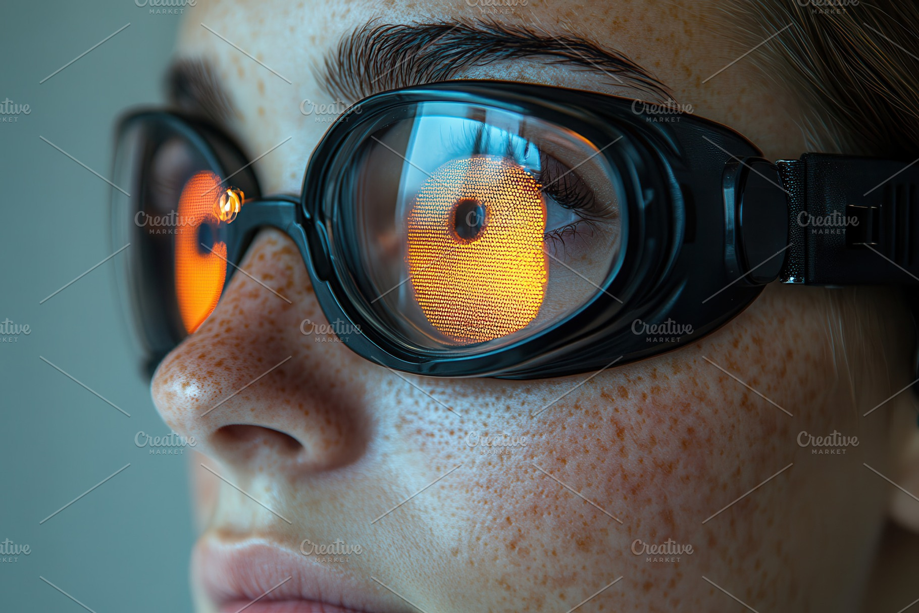 Goggles reflect glowing display whil, a Photo by Tanuart