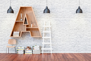 Bookshelf containing chair, decoration, and brick