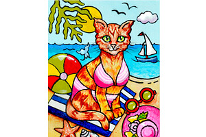 Cat at the Beach Hand Painted, an Animal Illustration by Sharon Schwalbe
