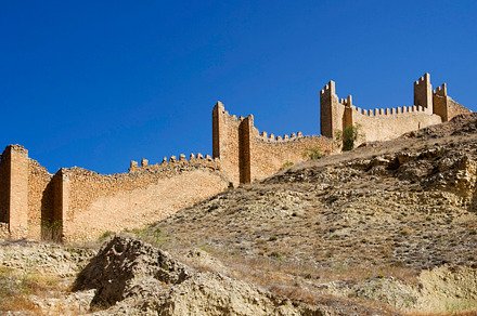 View of the medieval wall of albarra containing teruel, albarracin, and