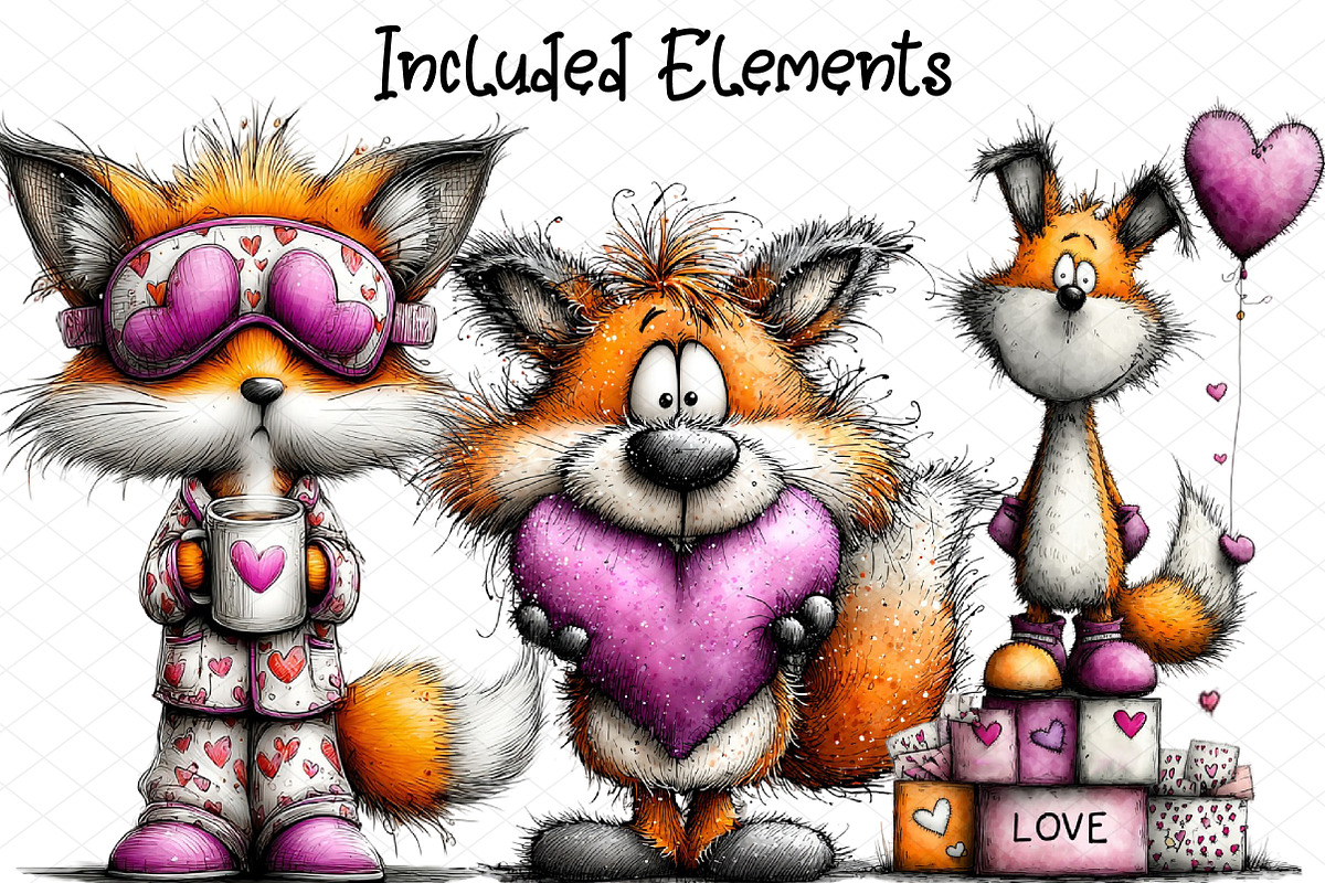Quirky Funny Valentine Fox Clipart, an Illustration by cherrydesign (Photo 2 of 4)
