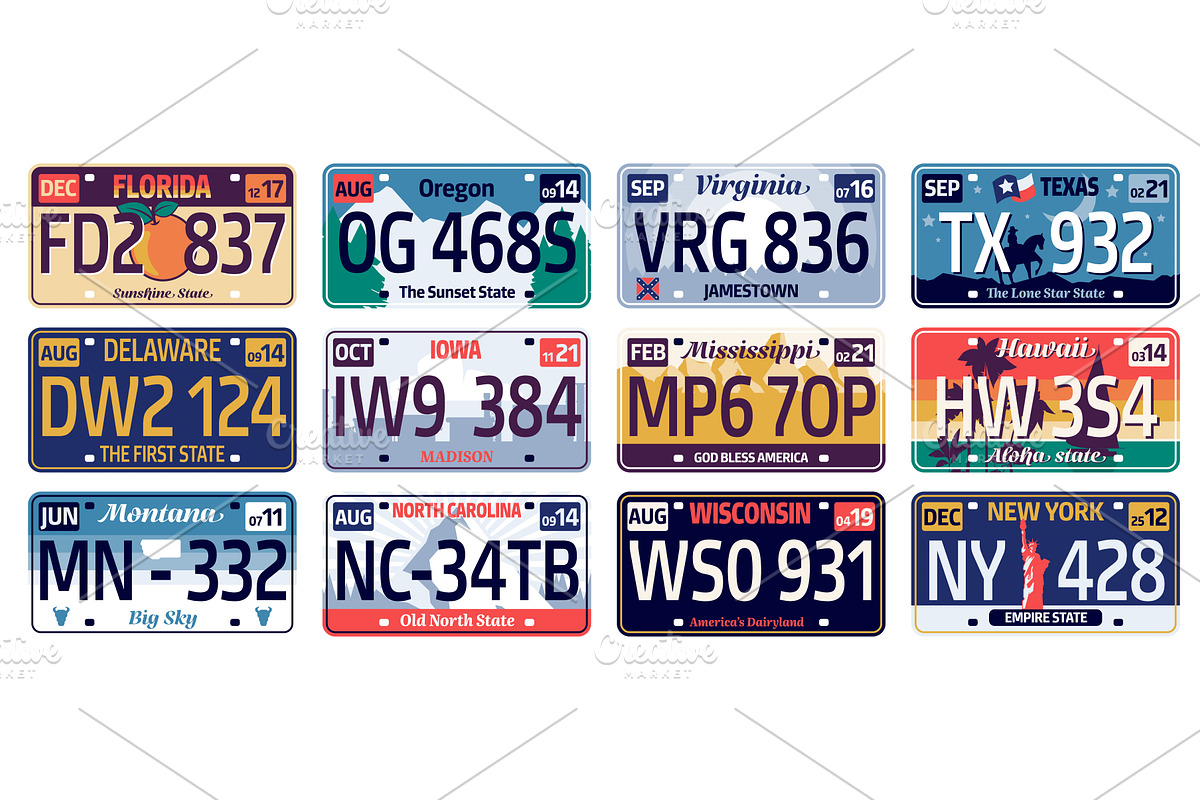 Car plate usa states. State id, a Transportation Illustration by Frogella