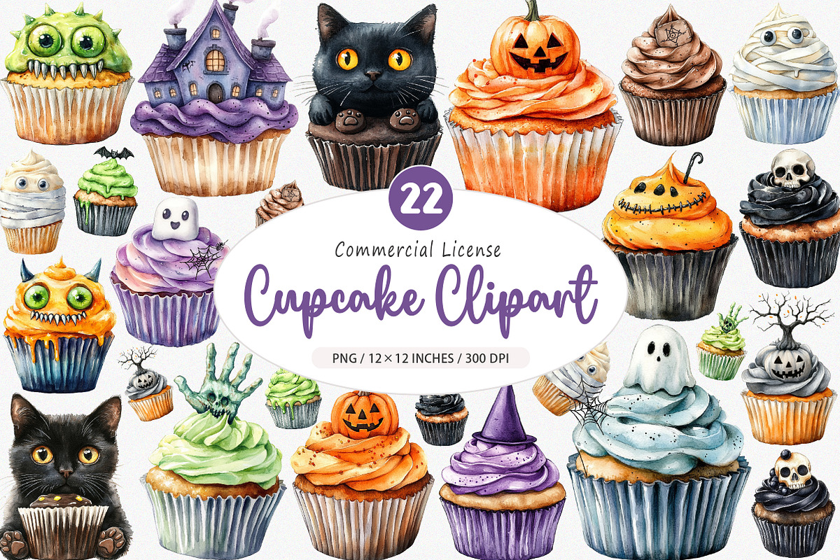 Watercolour Halloween Cupcake PNG, an Illustration by SinaCreation (Photo 1 of 5)
