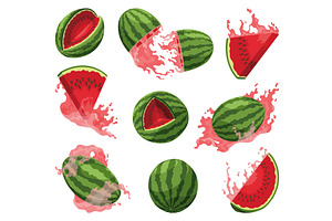Watermelon icons set of whole, cut, a Food Illustration by the8monkey