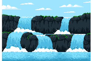 8 bit pixel game waterfall cascade, a Texture Illustration by Vector Tradition