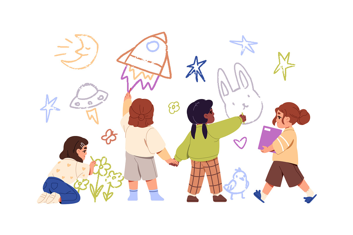 Cute kids drawing doodles on wall, a Person Illustration by PaperTrident (Photo 3 of 14)