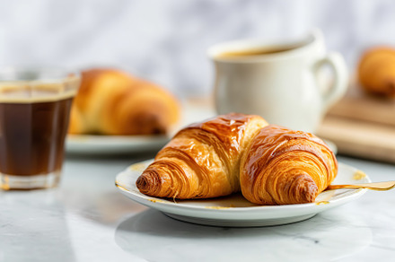 Fresh delicious croissants with cup of coffee on kitchen table. Generative AI, a Food & Drink Photo by AlyaAnd