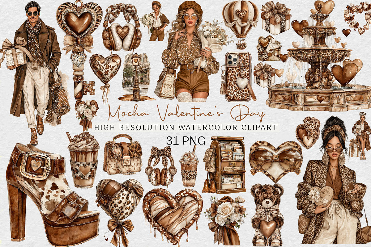 Mocha Valentine's Day Clipart, an Illustration by DreamCafeArt (Photo 1 of 6)