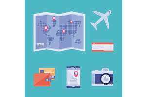 six travel planing icons, an Object Illustration by studiogstock