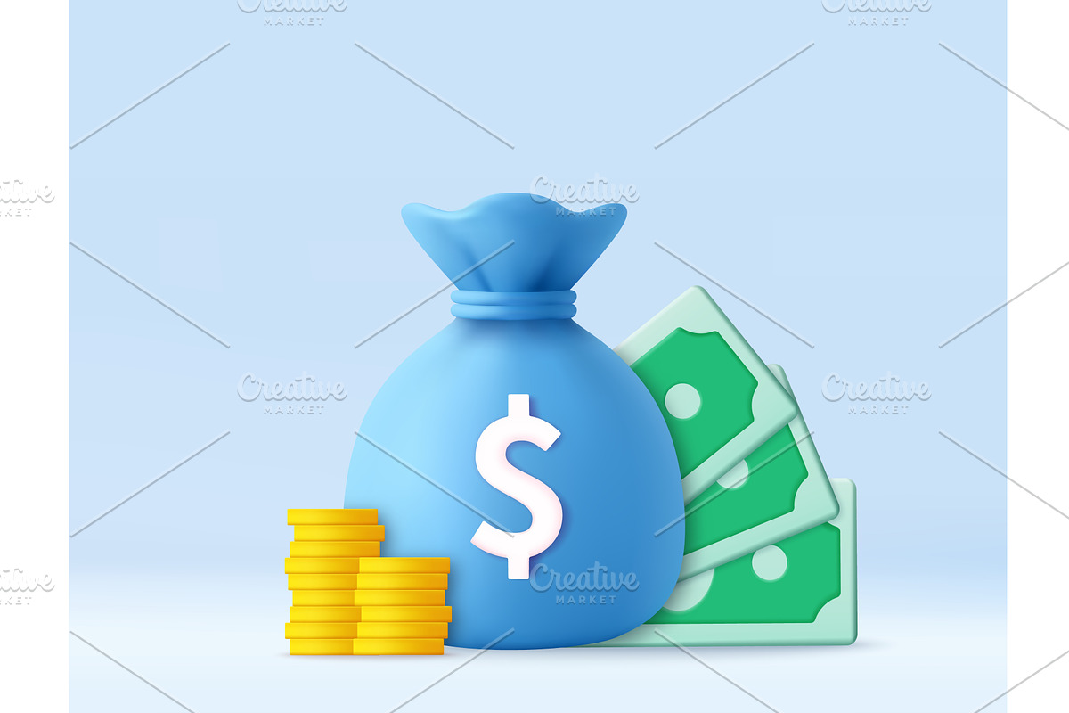 3d Money Bag with Cash and Coins 3D, a Finance Illustration by ModVector
