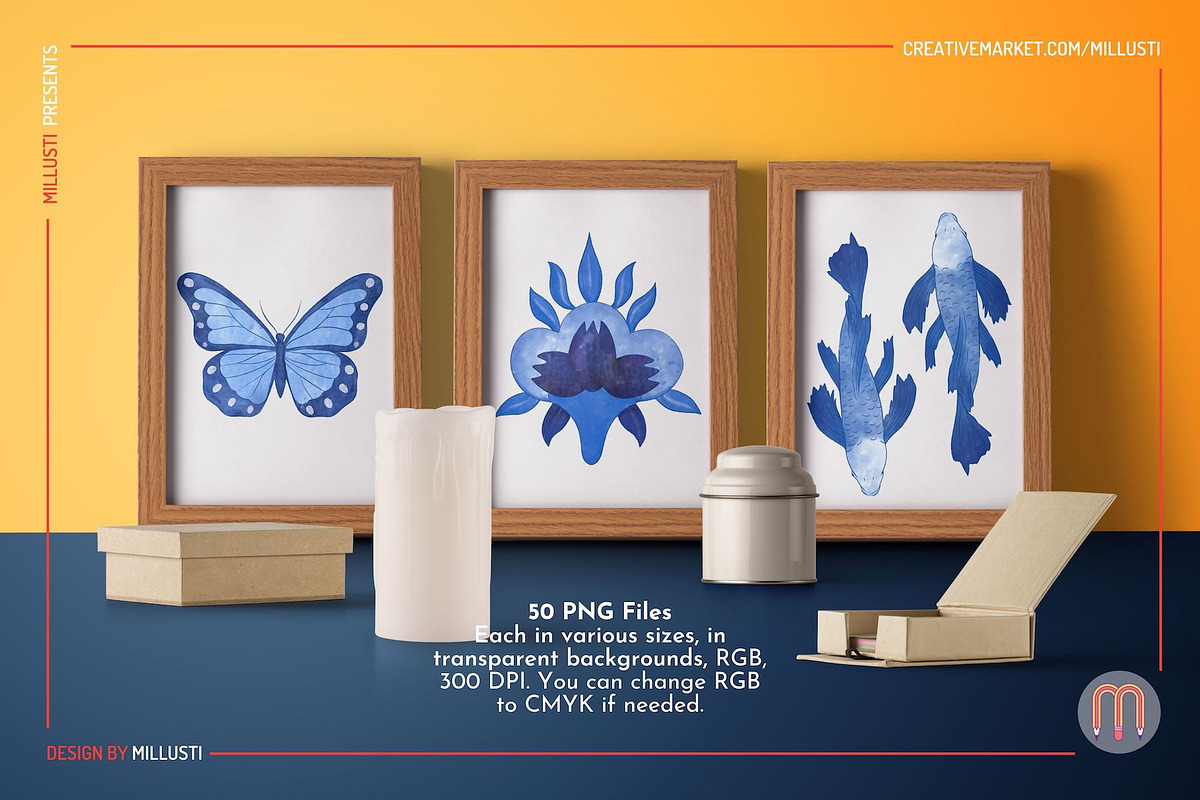 Chinoiserie Blue Watercolor Patterns, a Pattern Graphic by Millusti (Photo 3 of 11)
