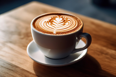 Cup of coffee with latte art in restaurant on wooden background. Generative AI, a Food & Drink Photo by AlyaAnd