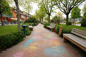 Colorful chalk drawings decorate a park pathway lined with benches and trees on, a Photo by AlyaAnd