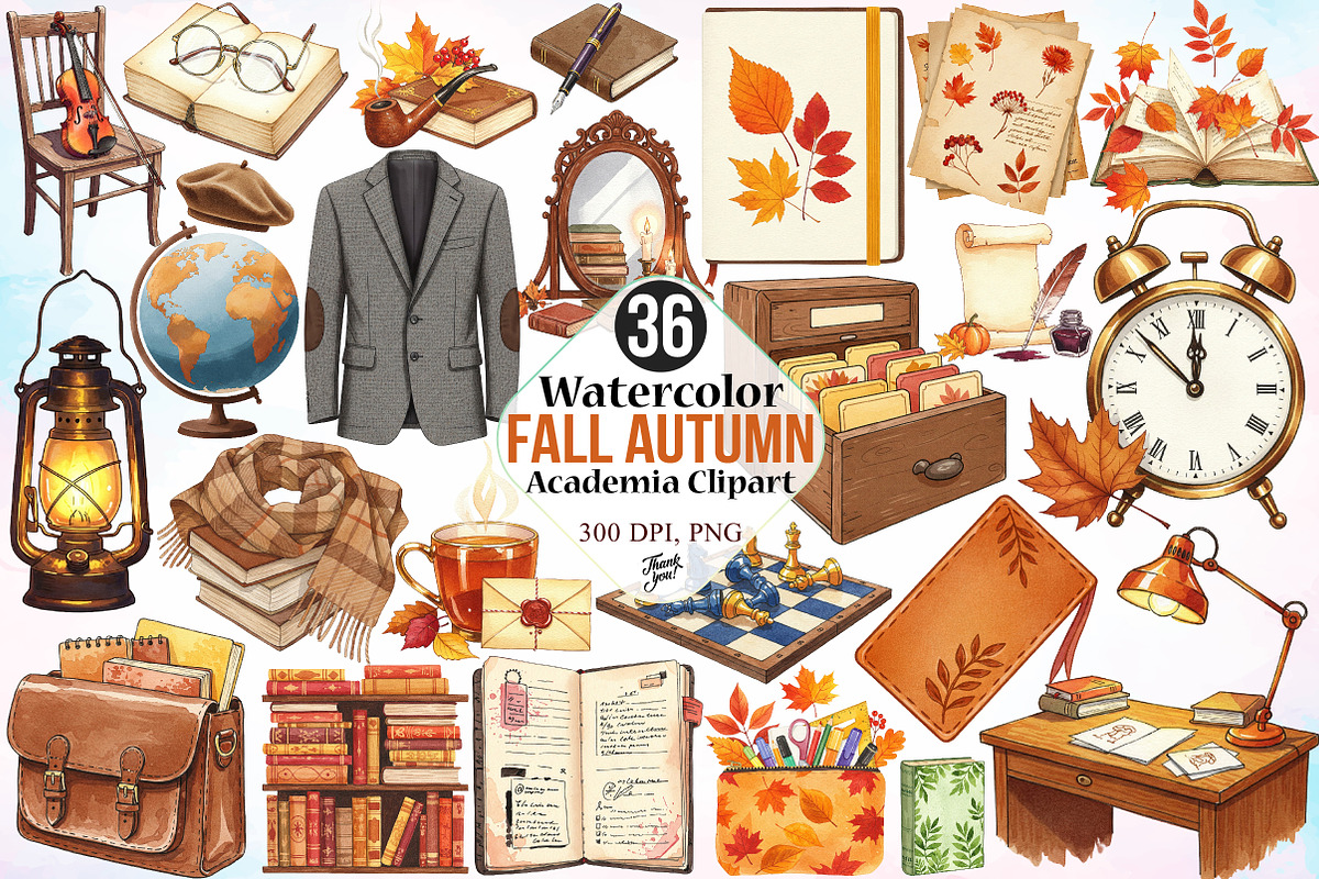 Watercolor Fall Autumn Academia PNG, an Illustration by Canvas Craft (Photo 1 of 3)