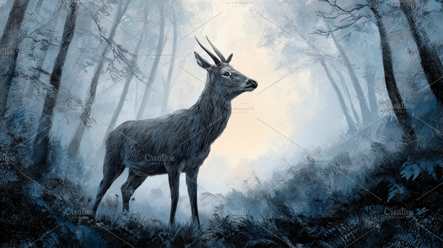 Deer with antlers standing in a mist, an Animal Photo by MistyDay