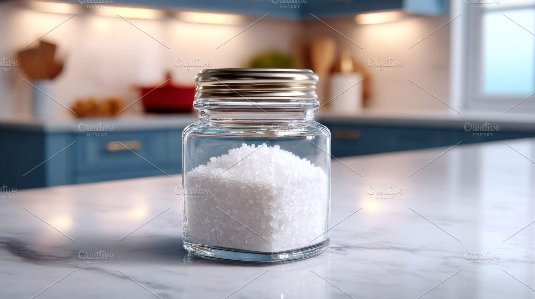 A clear glass jar filled with coarse salt, set against a modern kitchen backdro, a Business Photo by ImageMir