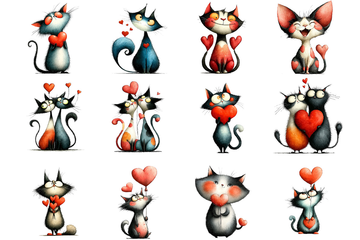 Whimsical Valentine Cats Clipart, an Illustration by DreamArtGraphic (Photo 4 of 4)