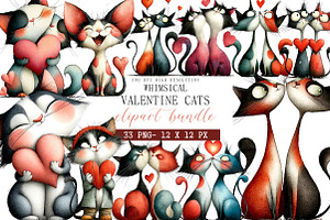 Whimsical Valentine Cats Clipart, an Illustration by DreamArtGraphic