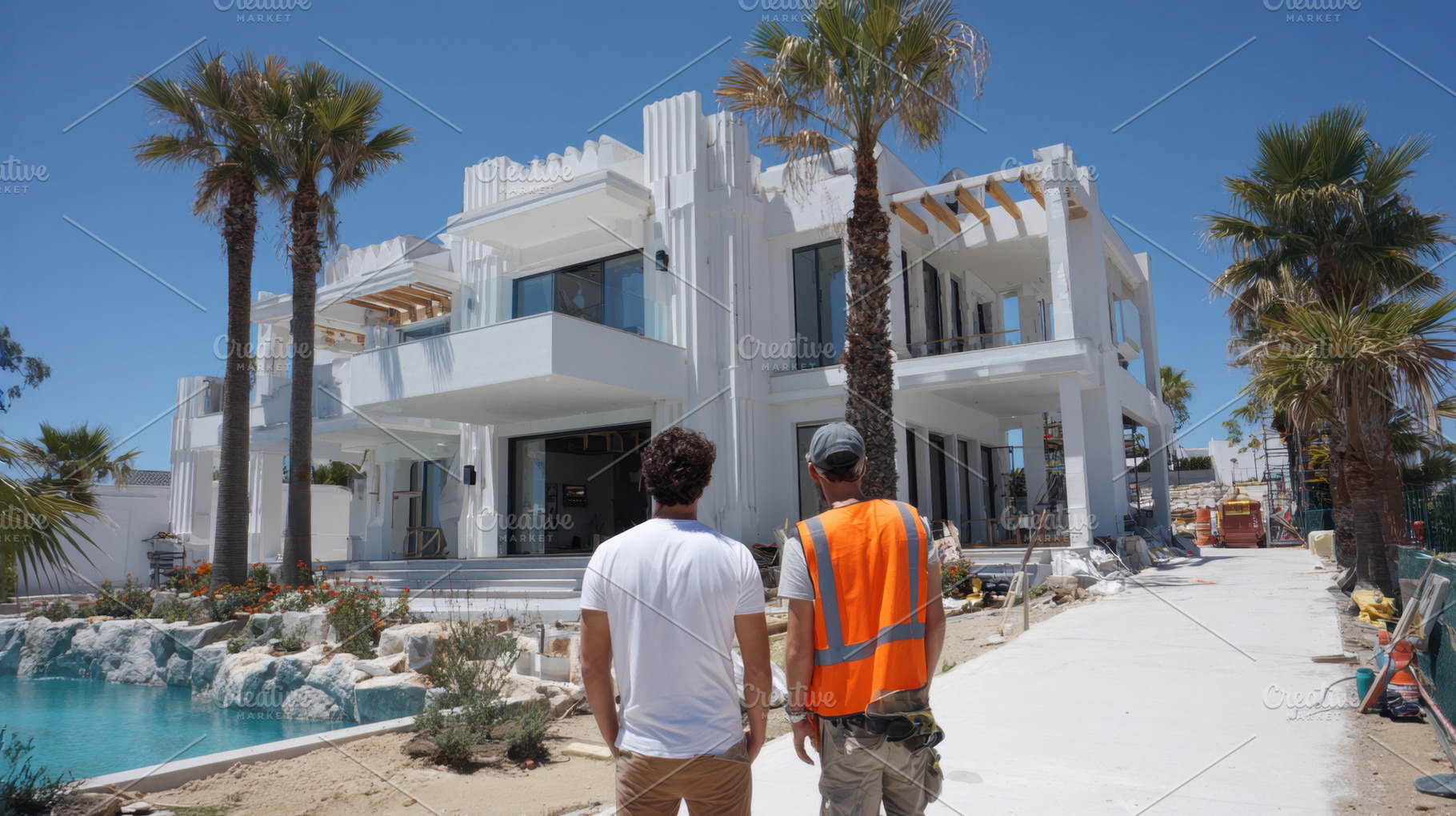 Men walk toward new white building, a Photo by Beautiful things