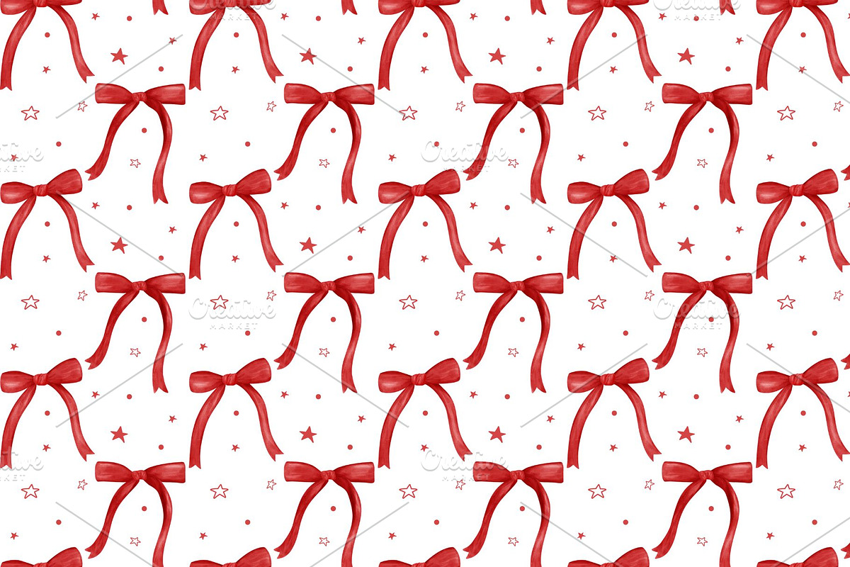 Red Bows & Stars Seamless Pattern, an Illustration by Stellalunarts (Photo 1 of 3)