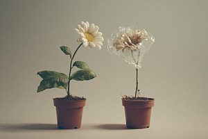 Two potted flowers side by side, one healthy and vibrant, the ot, an Abstract Photo by Ales Munt