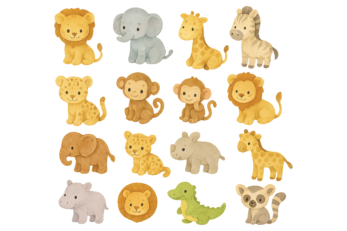 Cute Safari Animal Watercolor  Set, an Object Graphic by nikagraphic