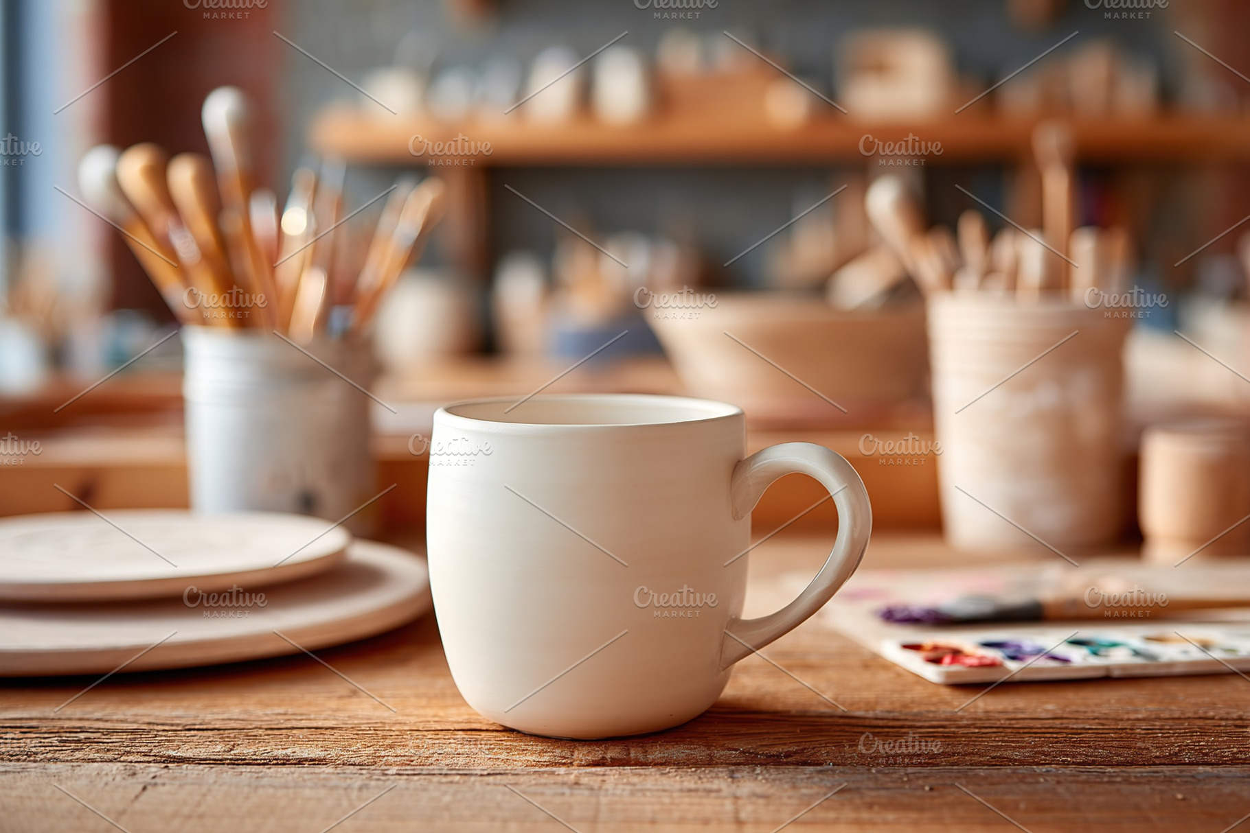Blank mug design rests on wooden shelf in an arts and crafts workshop setting, a Food & Drink Photo by AlyaAnd