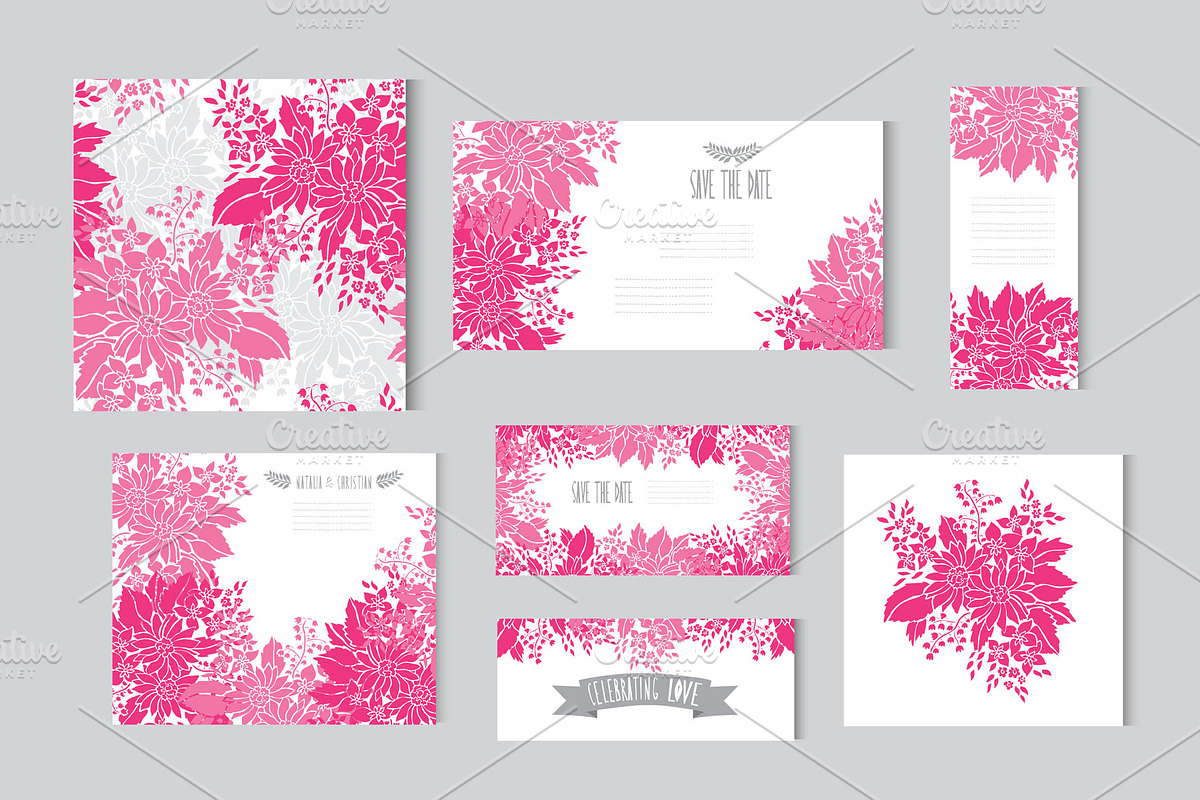Pink Floral Cards, a Card Template by Sunset&Sea Design