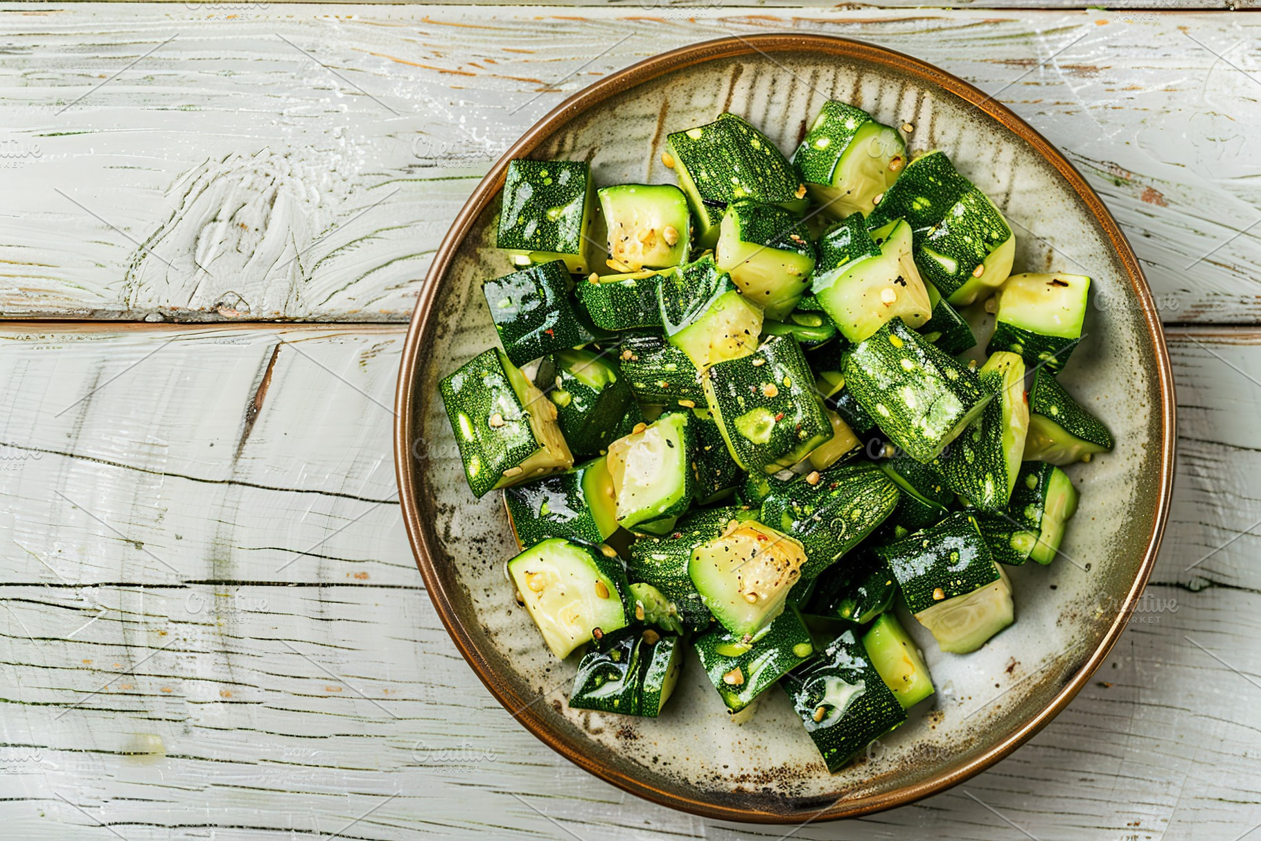 Grilled zucchini pieces in plate on wooden table, a Food & Drink Photo by AlyaAnd