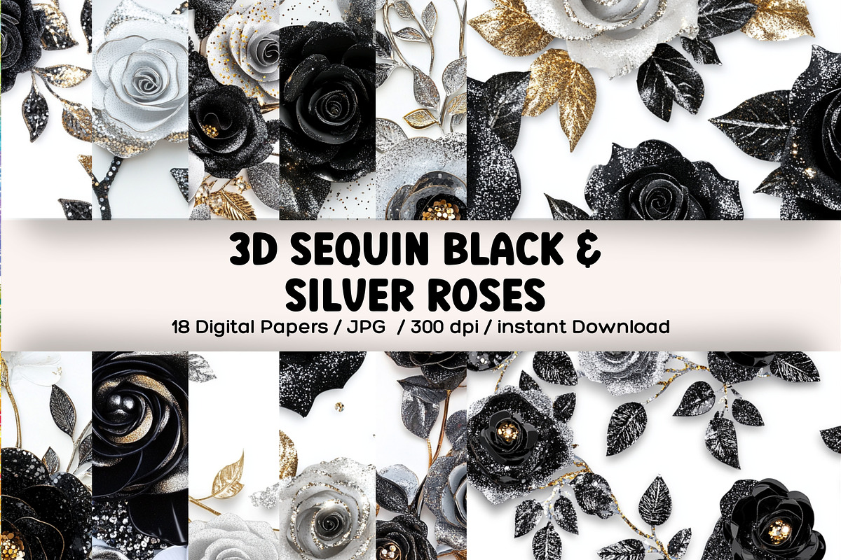 3D Sequin Black and Silver Roses, a Pattern Graphic by PrintablesByFranklyn (Photo 1 of 6)