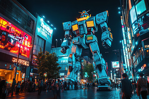 A giant robot statue illuminated at night in a bustling urban setting, surround, an Industrial Photo by Textures & Backgrounds