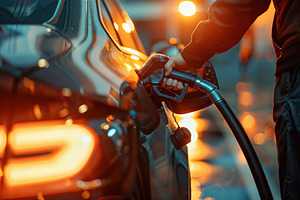 Human hand fueling gasoline fuel in a car at gas station, a Transportation Photo by AlyaAnd