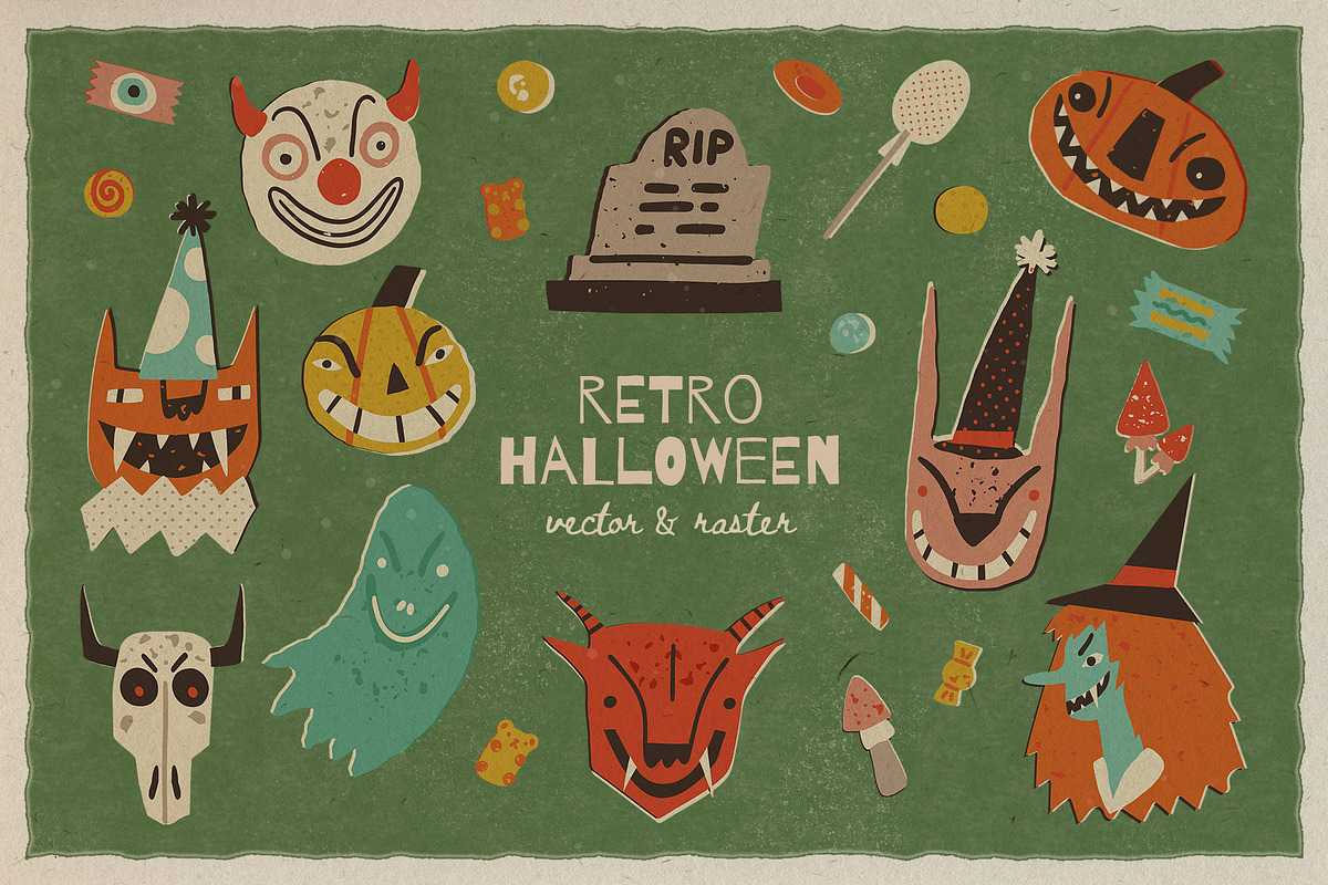 Retro Halloween clipart set, a Seasonal Illustration by Paper Cherry (Photo 1 of 27)