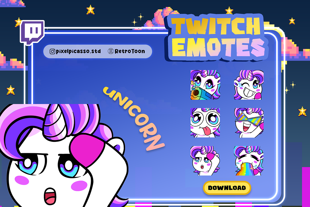 Unicorn Twitch Emotes, an Emoji Icon by Pixel Picasso Studio (Photo 1 of 5)