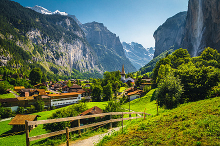 High waterfall and famous village