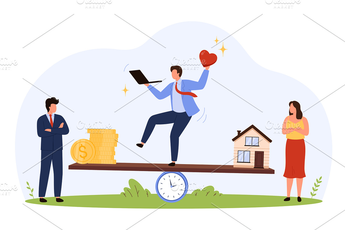 Tiny people balancing work and life, a Finance Illustration by Flashvector
