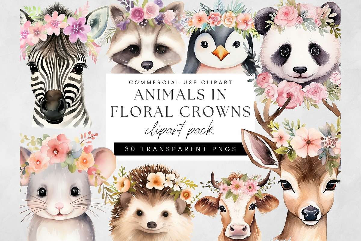 Animals in Floral Crowns Clipart, a Decorative Illustration by illuztrate (Photo 1 of 9)