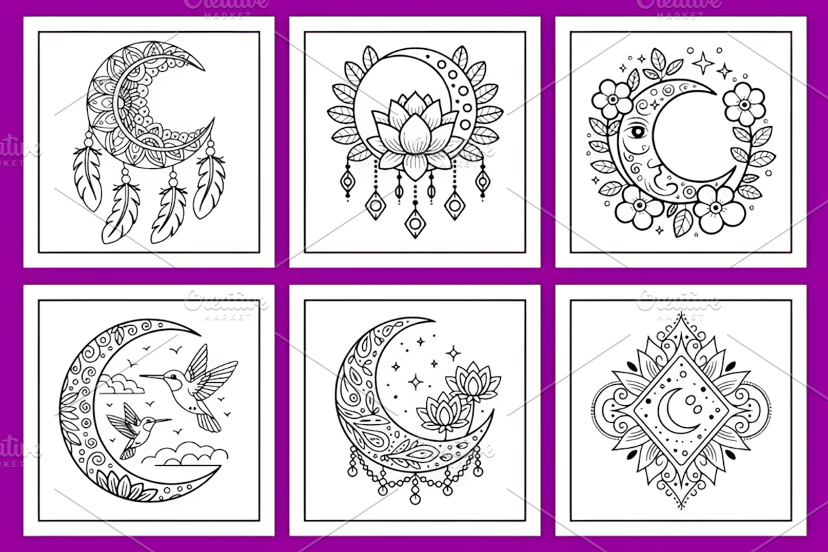 Boho Chic Moon Coloring Pages, a Decorative Illustration by Design Station (Photo 3 of 4)