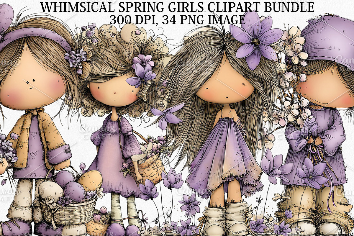 Whimsical Spring Girls Clipart PNG, an Illustration by Canvas Craft (Photo 1 of 7)