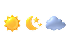 3d sun, moon and cloud. Realistic, an Object Illustration by Frogella