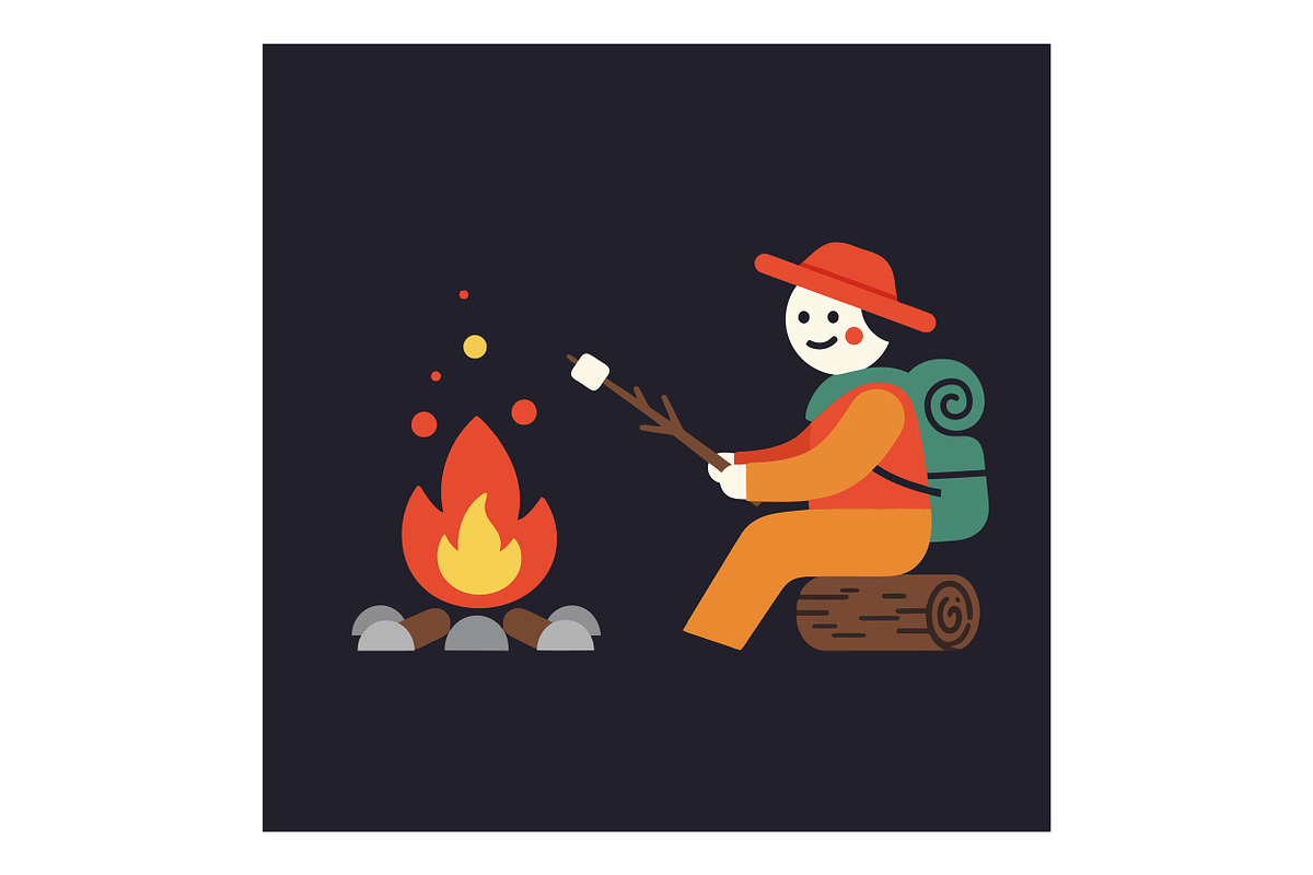 Happy camper roasting marshmallows o, an Illustration by designvectx