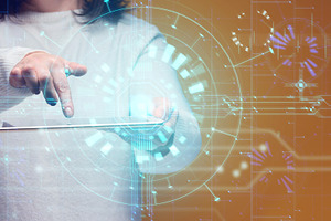 A woman holds a tablet, a projection of a glowing AI interface., a Technology Photo by ndanko