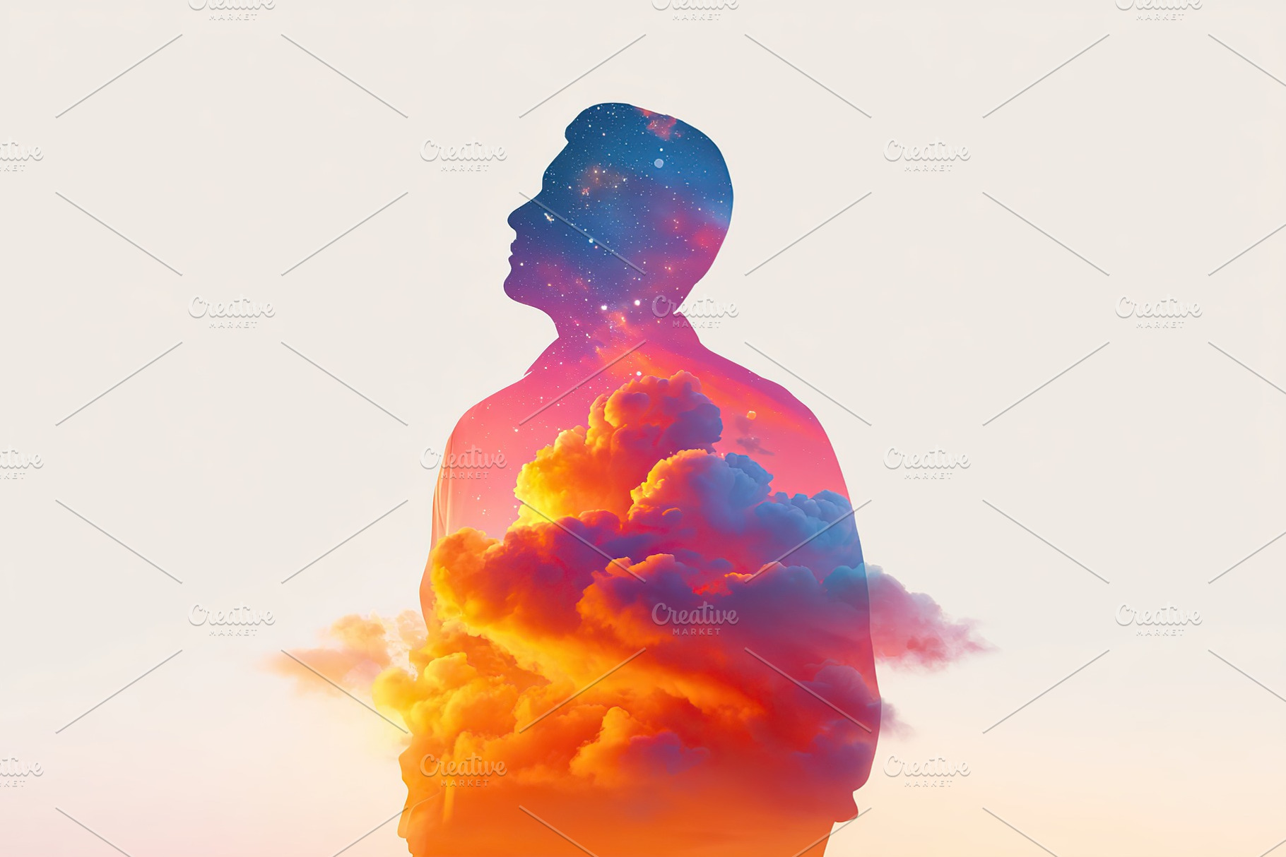 Human silhouette filled with vibrant clouds and cosmic elements representing dr, a Photo by AlyaAnd