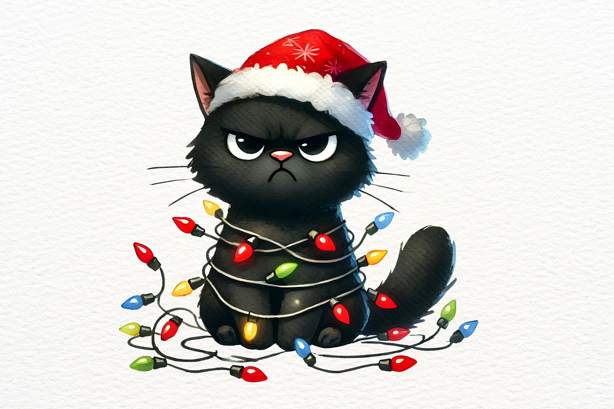 Cat Wrapped in Christmas Lights PNG, a Seasonal Illustration by Nicolle's Colorful Art (Photo 2 of 4)