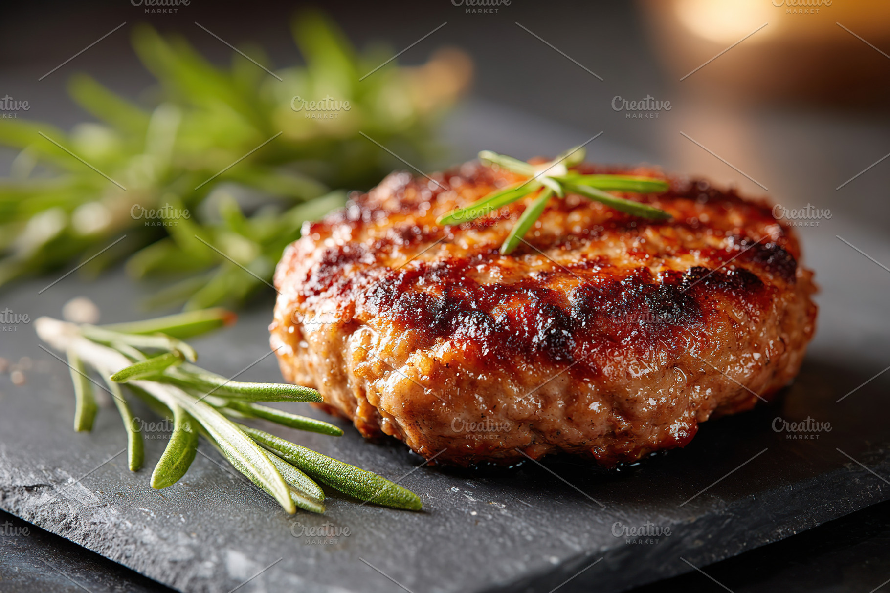 Grilled patty served on a slate plate with fresh herbs for a delicious meal exp, a Photo by AlyaAnd